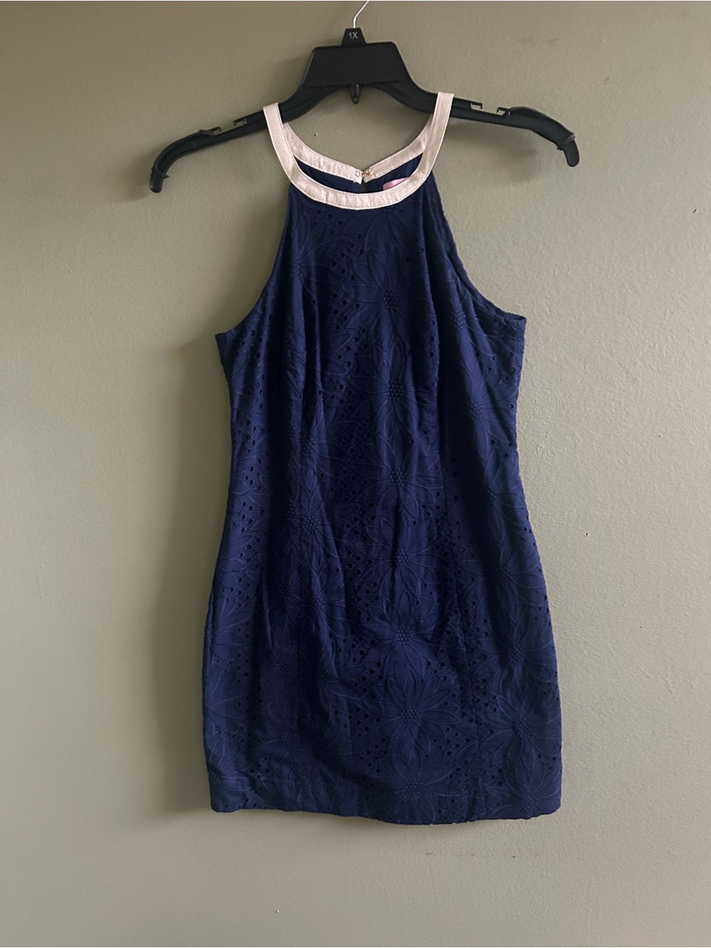 Lilly Pulitzer Navy Eyelet Halter Dress with Cream Neck Trim